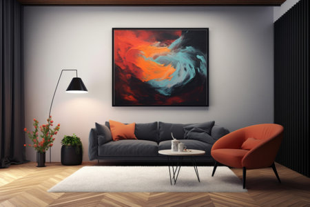 The room gets a boost of artistic charm with a sleek black-framed mockup, displaying a captivating abstract painting. Generative AIの素材