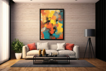An elegant wall arrangement, featuring a striking abstract painting encased in a chic black frame, enhances the artistic ambiance of the room. Generative AIの素材