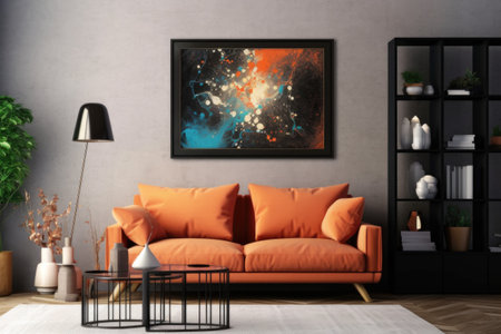 A vibrant abstract piece in a polished black frame sits on the wall, bringing a dash of artistic sophistication to the room. Generative AIの素材