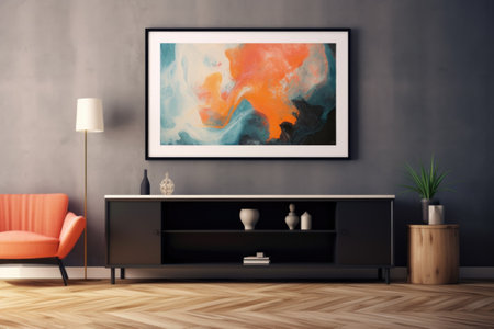 An elegant wall arrangement, featuring a striking abstract painting encased in a chic black frame, enhances the artistic ambiance of the room. Generative AIの素材