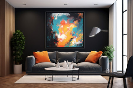 A stylish black frame showcases a mesmerizing abstract artwork, lending a creative flair to the space on the wall. Generative AIの素材