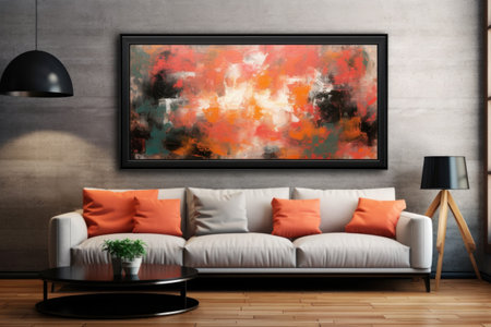 A stylish black frame showcases a mesmerizing abstract artwork, lending a creative flair to the space on the wall. Generative AIの素材