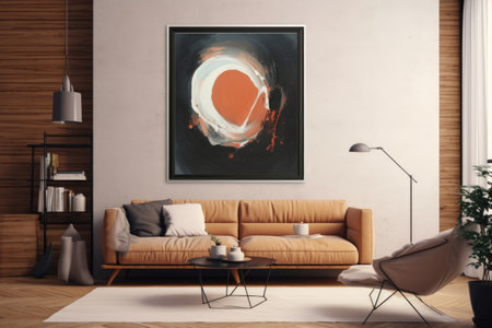 The room gets a boost of artistic charm with a sleek black-framed mockup, displaying a captivating abstract painting. Generative AIの素材