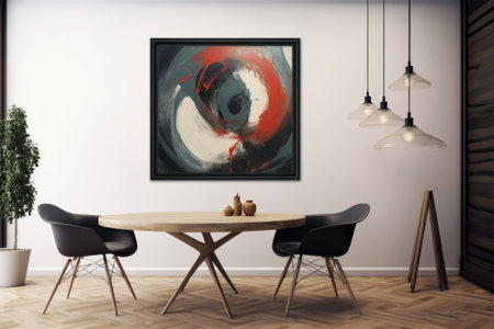 The room gets a boost of artistic charm with a sleek black-framed mockup, displaying a captivating abstract painting. Generative AIの素材