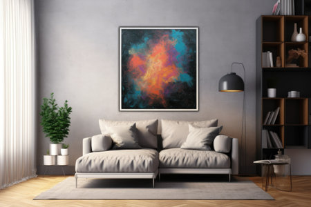 A vibrant abstract piece in a polished black frame sits on the wall, bringing a dash of artistic sophistication to the room. Generative AIの素材