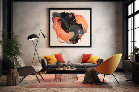 The room gets a boost of artistic charm with a sleek black-framed mockup, displaying a captivating abstract painting. Generative AIの素材