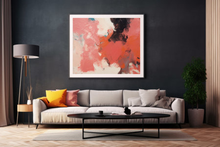 The room gets a boost of artistic charm with a sleek black-framed mockup, displaying a captivating abstract painting. Generative AIの素材