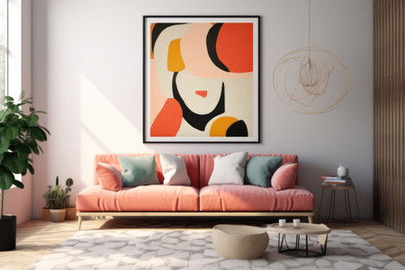An elegant wall arrangement, featuring a striking abstract painting encased in a chic black frame, enhances the artistic ambiance of the room. Generative AIの素材