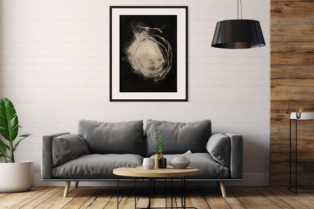 An elegant wall arrangement, featuring a striking abstract painting encased in a chic black frame, enhances the artistic ambiance of the room. Generative AIの素材