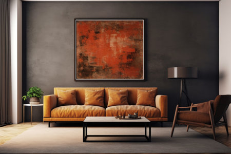 The room gets a boost of artistic charm with a sleek black-framed mockup, displaying a captivating abstract painting. Generative AIの素材