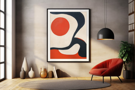A vibrant abstract piece in a polished black frame sits on the wall, bringing a dash of artistic sophistication to the room. Generative AIの素材
