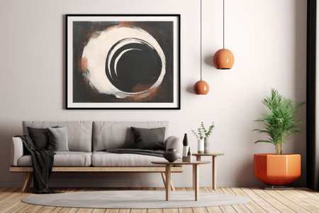 A stylish black frame showcases a mesmerizing abstract artwork, lending a creative flair to the space on the wall. Generative AIの素材