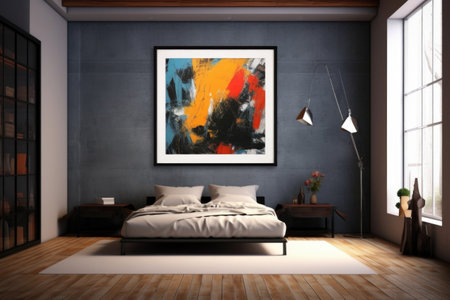 An elegant wall arrangement, featuring a striking abstract painting encased in a chic black frame, enhances the artistic ambiance of the room. Generative AIの素材