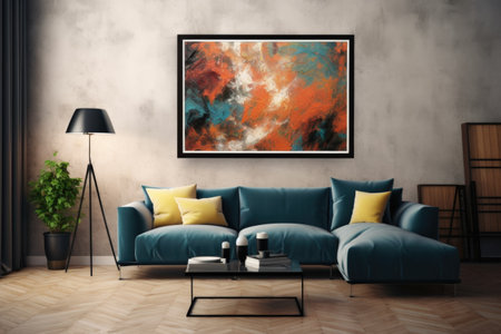 A stylish black frame showcases a mesmerizing abstract artwork, lending a creative flair to the space on the wall. Generative AIの素材