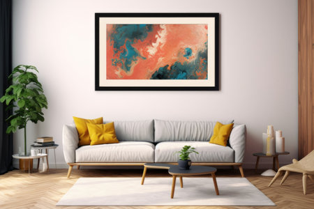 A vibrant abstract piece in a polished black frame sits on the wall, bringing a dash of artistic sophistication to the room. Generative AIの素材