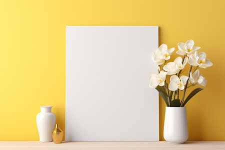 Mockup frame, Yellow bathroom wall adorned with a mockup frame, inside of which blooms a beautiful array of orchids. Generative AIの素材