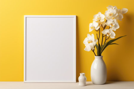 Mockup frame, Against a sunny yellow wall in the bathroom, a mockup frame and blooming orchids create a lively ambiance. Generative AIの素材