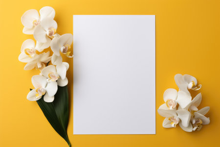 Mockup frame, Against a sunny yellow wall in the bathroom, a mockup frame and blooming orchids create a lively ambiance. Generative AIの素材