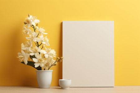 Mockup frame, Yellow bathroom wall adorned with a mockup frame, inside of which blooms a beautiful array of orchids. Generative AIの素材