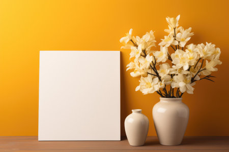Mockup frame, Against a sunny yellow wall in the bathroom, a mockup frame and blooming orchids create a lively ambiance. Generative AIの素材