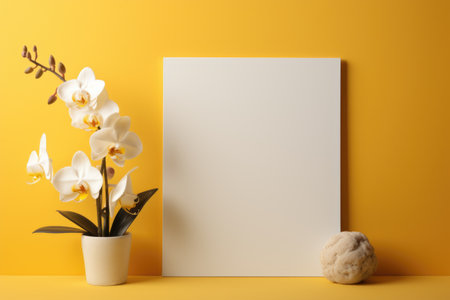 Mockup frame, Yellow bathroom wall adorned with a mockup frame, inside of which blooms a beautiful array of orchids. Generative AIの素材