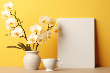 Mockup frame, Yellow bathroom wall adorned with a mockup frame, inside of which blooms a beautiful array of orchids. Generative AIの素材