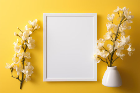 Mockup frame, Against a sunny yellow wall in the bathroom, a mockup frame and blooming orchids create a lively ambiance. Generative AIの素材