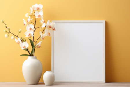 Mockup frame, Against a sunny yellow wall in the bathroom, a mockup frame and blooming orchids create a lively ambiance. Generative AIの素材