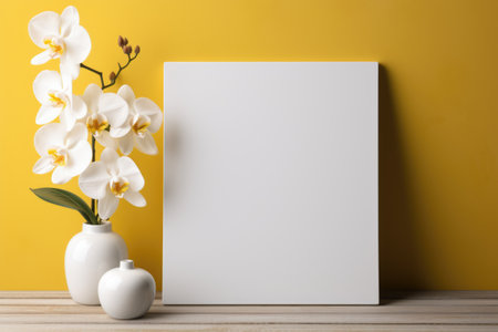 Mockup frame, Yellow bathroom wall adorned with a mockup frame, inside of which blooms a beautiful array of orchids. Generative AIの素材