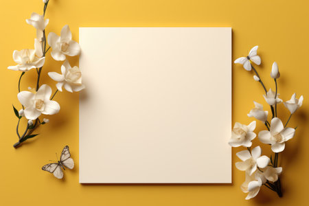 Mockup frame, Against a sunny yellow wall in the bathroom, a mockup frame and blooming orchids create a lively ambiance. Generative AIの素材