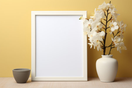 Mockup frame, Yellow bathroom wall adorned with a mockup frame, inside of which blooms a beautiful array of orchids. Generative AIの素材