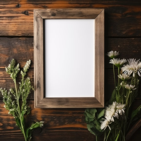 mockup frame, On a weather-beaten wooden table sits a frame of similar material, its simplicity elevated by a cluster of bright green herbs. Generative AIの素材