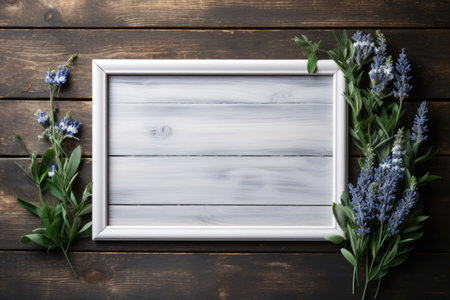 mockup frame, An arrangement of a rustic wooden frame, beautifully contrasted by a fresh bunch of verdant herbs on a timeworn wooden table. Generative AIの素材