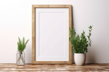 mockup frame, On a weather-beaten wooden table sits a frame of similar material, its simplicity elevated by a cluster of bright green herbs. Generative AIの素材