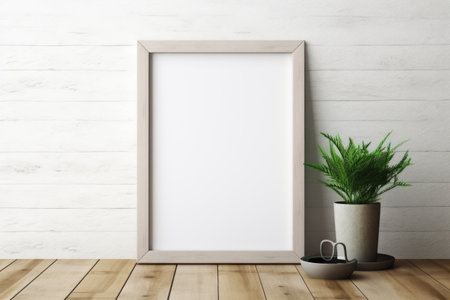 mockup frame, A wooden frame on a seasoned table, paired with a fragrant collection of green herbs for a touch of rustic elegance. Generative AIの素材