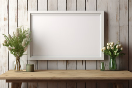 mockup frame, An arrangement of a rustic wooden frame, beautifully contrasted by a fresh bunch of verdant herbs on a timeworn wooden table. Generative AIの素材
