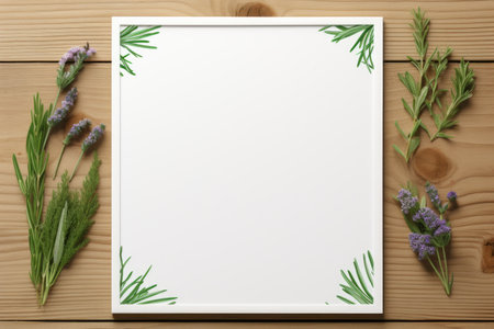 mockup frame, An aged wooden table sets the stage for a country-style wooden frame, complemented by a gathering of fresh green herbs. Generative AIの素材