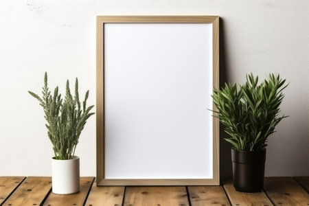 mockup frame, On a weather-beaten wooden table sits a frame of similar material, its simplicity elevated by a cluster of bright green herbs. Generative AIの素材