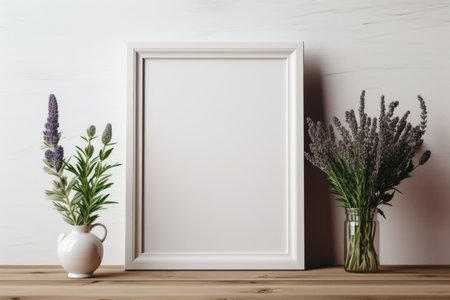 mockup frame, An arrangement of a rustic wooden frame, beautifully contrasted by a fresh bunch of verdant herbs on a timeworn wooden table. Generative AIの素材
