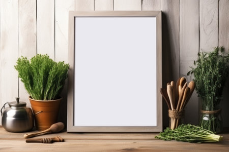 mockup frame, A vintage wooden frame graces an aged table, its charm enhanced by a neighboring bouquet of aromatic green herbs. Generative AIの素材