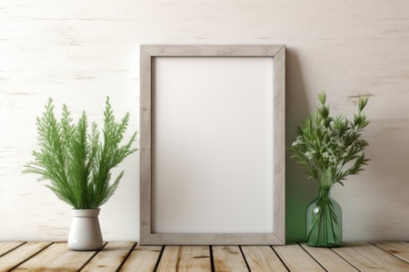 mockup frame, An aged wooden table sets the stage for a country-style wooden frame, complemented by a gathering of fresh green herbs. Generative AIの素材