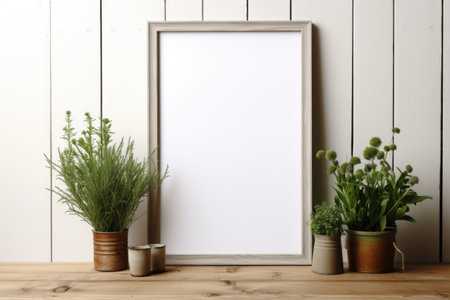 mockup frame, A wooden frame on a seasoned table, paired with a fragrant collection of green herbs for a touch of rustic elegance. Generative AIの素材