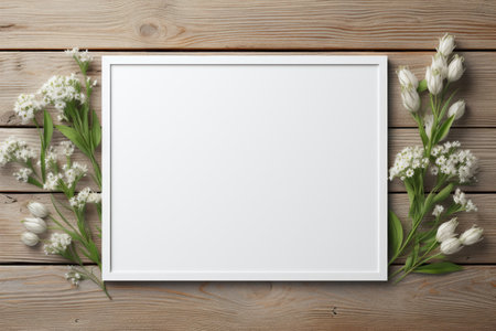 mockup frame, An aged wooden table sets the stage for a country-style wooden frame, complemented by a gathering of fresh green herbs. Generative AIの素材