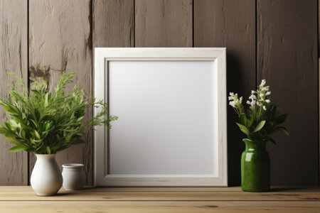 mockup frame, A wooden frame on a seasoned table, paired with a fragrant collection of green herbs for a touch of rustic elegance. Generative AIの素材