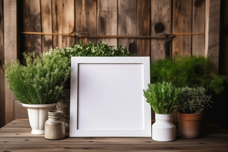 mockup frame, A vintage wooden frame graces an aged table, its charm enhanced by a neighboring bouquet of aromatic green herbs. Generative AIの素材