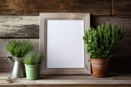 mockup frame, A wooden frame on a seasoned table, paired with a fragrant collection of green herbs for a touch of rustic elegance. Generative AIの素材