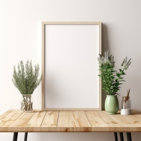 mockup frame, On a weather-beaten wooden table sits a frame of similar material, its simplicity elevated by a cluster of bright green herbs. Generative AIの素材