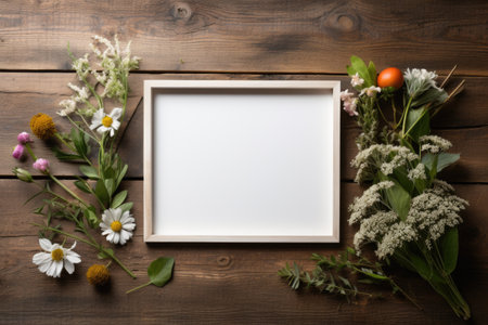 mockup frame, A wooden frame on a seasoned table, paired with a fragrant collection of green herbs for a touch of rustic elegance. Generative AIの素材