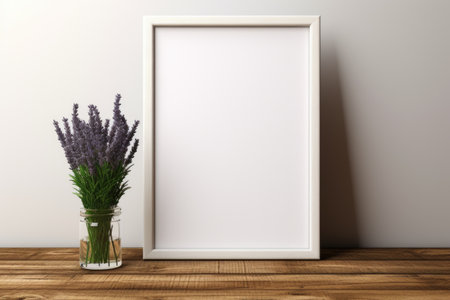 mockup frame, An aged wooden table sets the stage for a country-style wooden frame, complemented by a gathering of fresh green herbs. Generative AIの素材