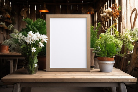 mockup frame, An aged wooden table sets the stage for a country-style wooden frame, complemented by a gathering of fresh green herbs. Generative AIの素材